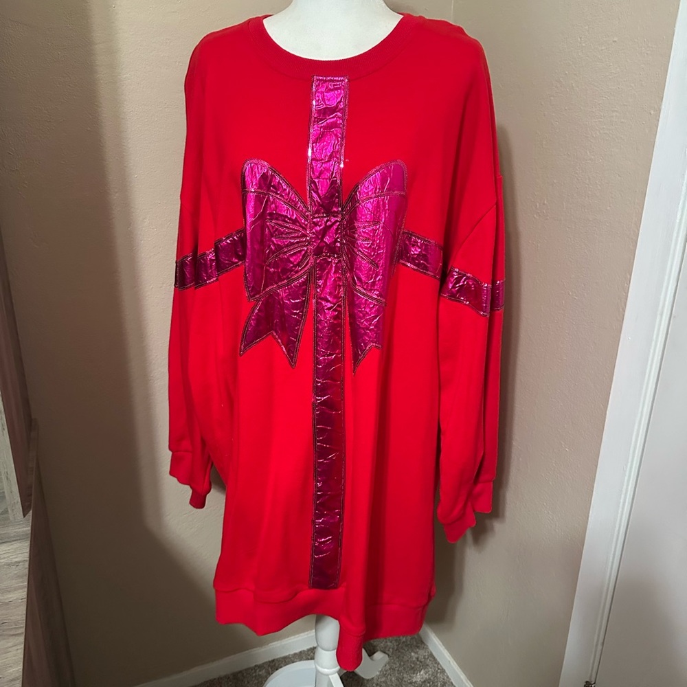Queen of Sparkles Red Sweater Dress with Pink Bow Design